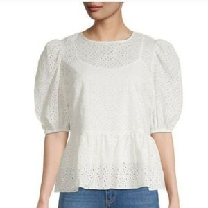 Nanette Lepore Eyelet Peplum Short Puff  Sleeve White Keyhole Blouse Size XL